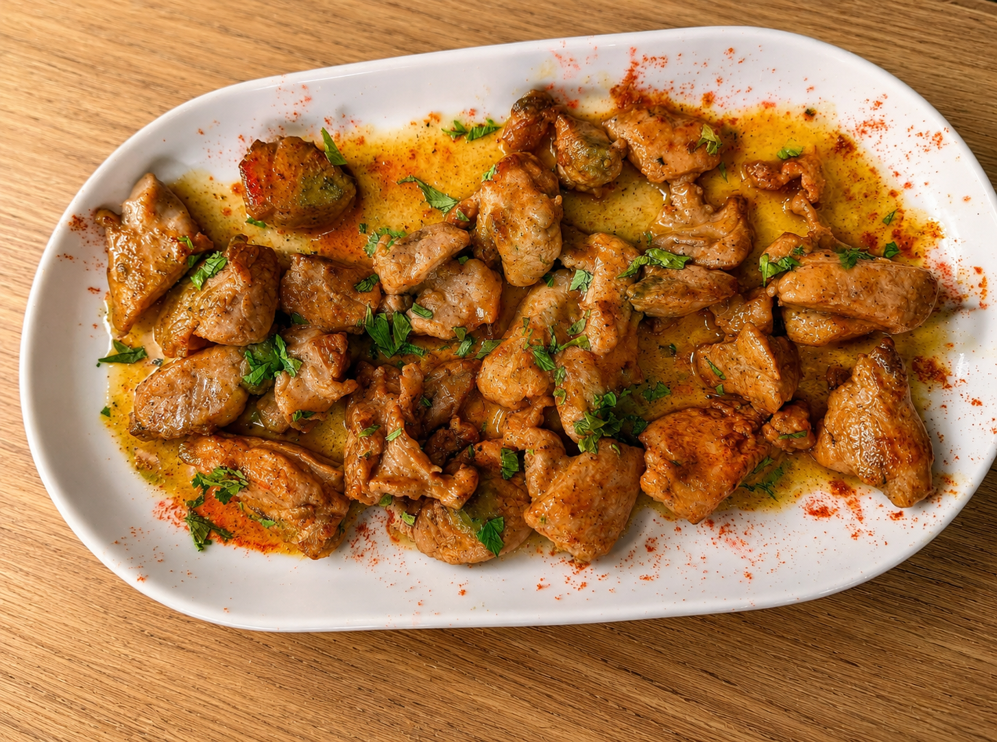 Greek pork tigania with paprika, olive oil and parsley